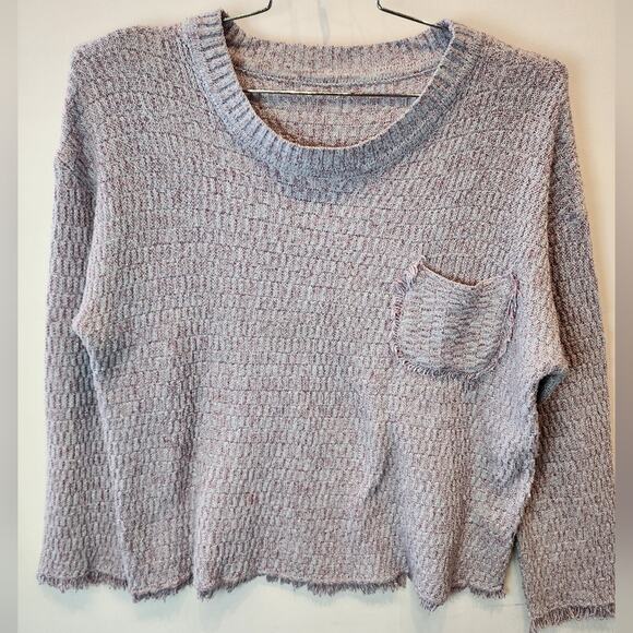 Shein Blue Lavender Metallic Boxy Sweater Crop Knit Fringe Hem Cropped Size XL - Picture 2 of 9